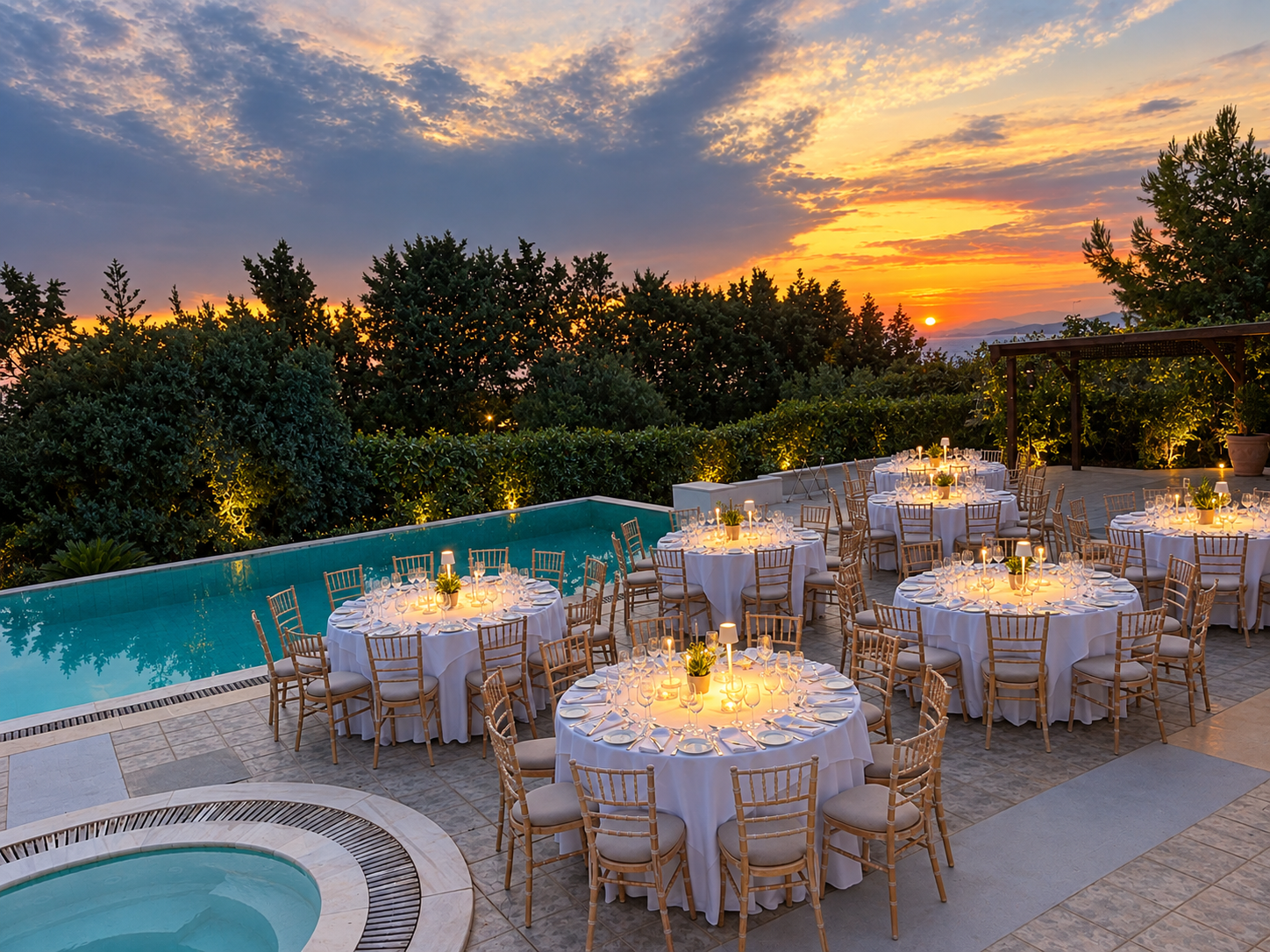 Birthday dinner tables beside a pool at sunset